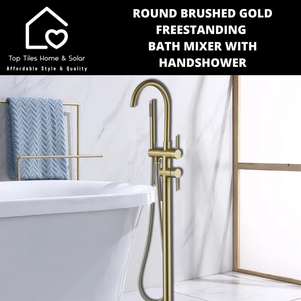 Round Brushed Gold Freestanding Bath Mixer With Handshower