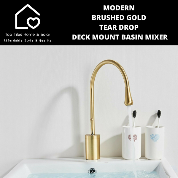 Modern Brushed Gold Tear Drop Deck Mount Basin Mixer