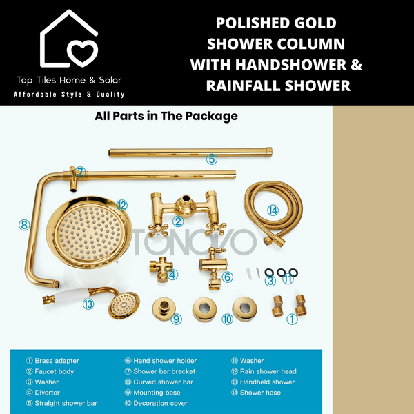 Polished Gold Shower Column With Handshower & Rainfall Shower