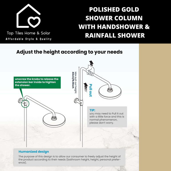 Polished Gold Shower Column With Handshower & Rainfall Shower