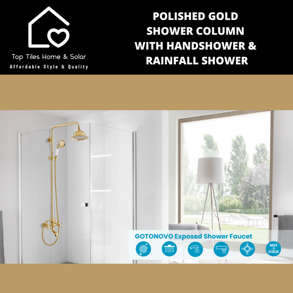 Polished Gold Shower Column With Handshower & Rainfall Shower