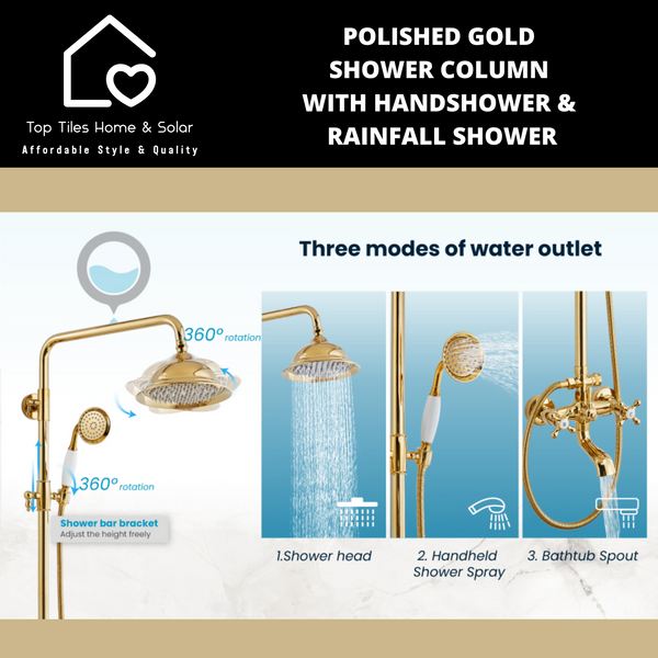 Polished Gold Shower Column With Handshower & Rainfall Shower