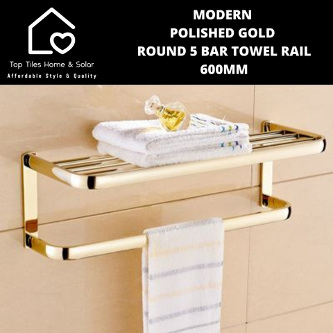 Modern Polished Gold Round 5 Bar Towel Rail - 600mm