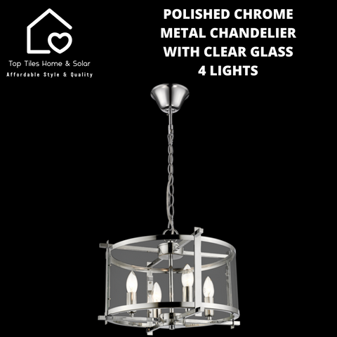 Polished Chrome Metal Chandelier with Clear Glass - 4 Lights