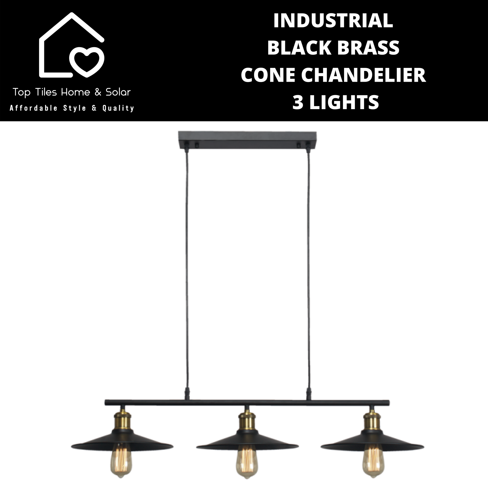 Industrial Black Brass Cone Chandelier - 3 Lights