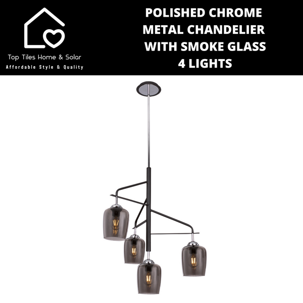 Polished Chrome Metal Chandelier with Smoke Glass - 4 Lights