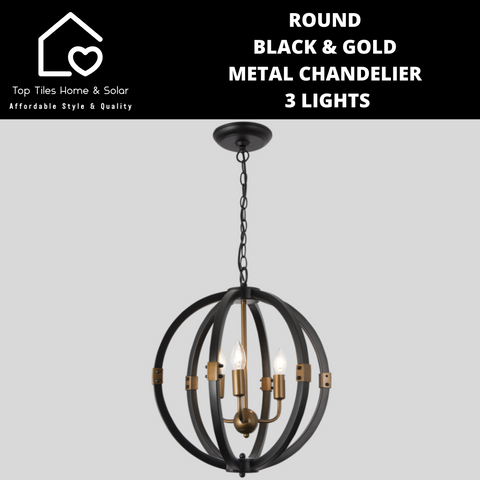 Round Black & Gold Metal Chandelier - 3 Lights