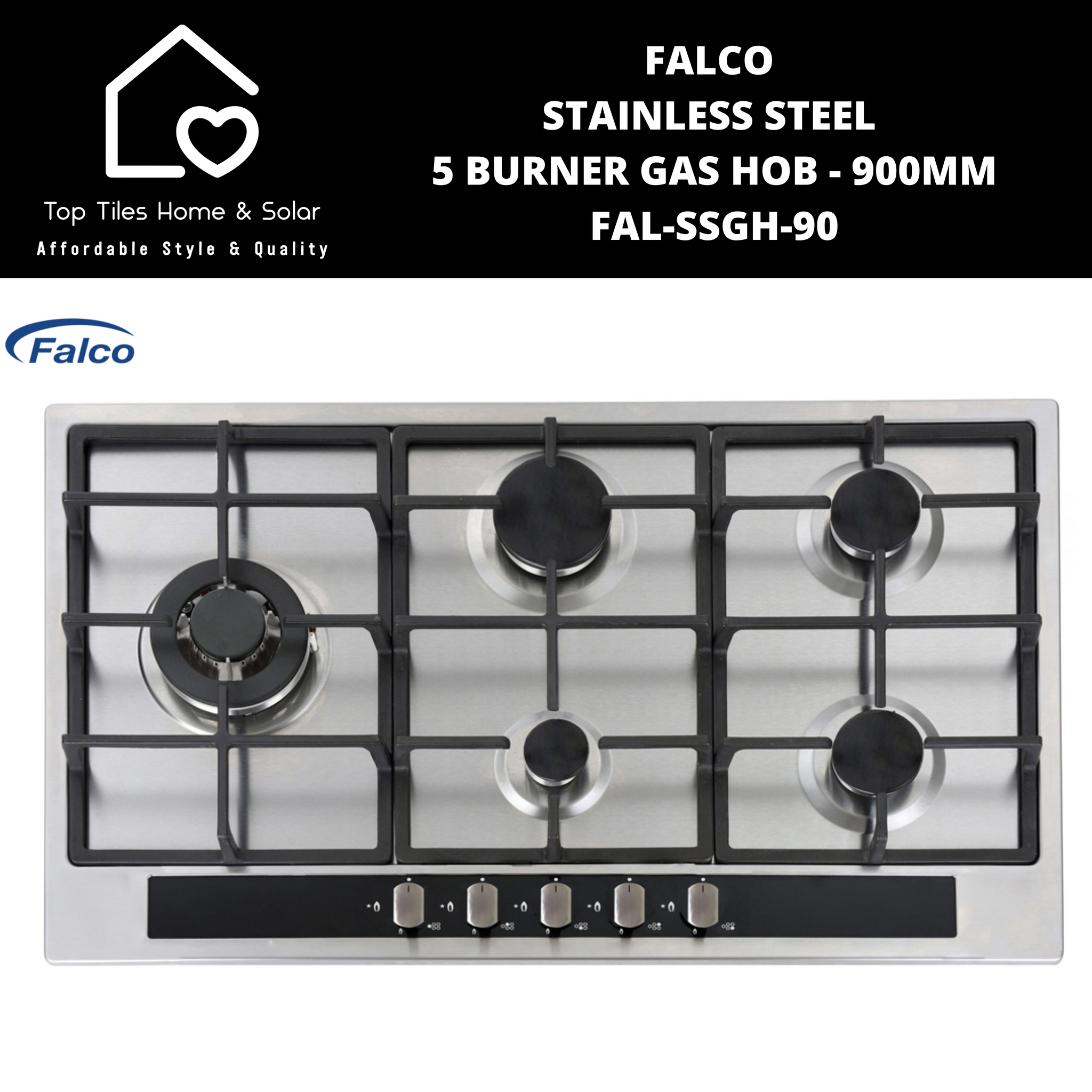 Falco Stainless Steel 5 Burner Gas Hob - 900mm FAL-SSGH-90