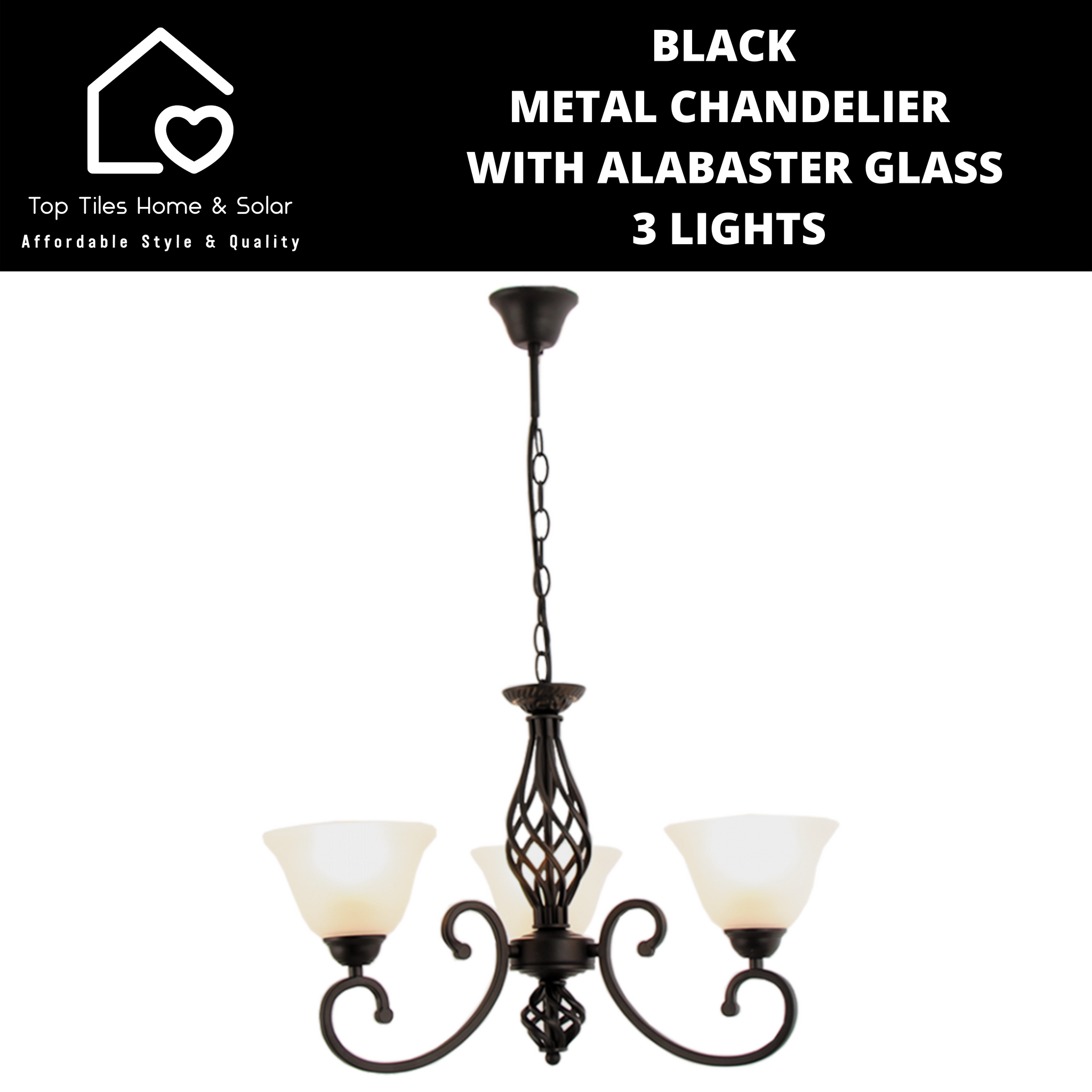 Black Metal Chandelier With Alabaster Glass - 3 Lights