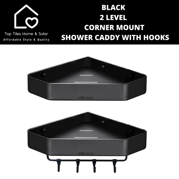 Black 2 Level Corner Mount Shower Caddy With Hooks