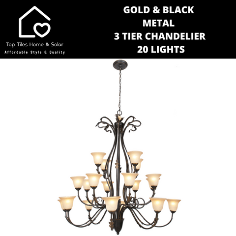 Gold & Black Metal 3 Tier Chandelier  - 20 Lights