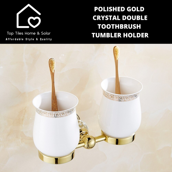 Polished Gold Crystal Double Toothbrush Tumbler Holder