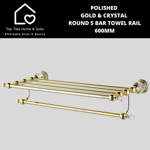 Polished Gold & Crystal Round 5 Bar Towel Rail - 600mm