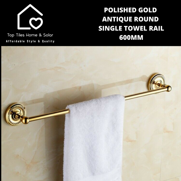 Polished Gold Antique Round Single Towel Rail - 600mm