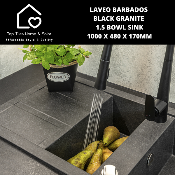 Laveo Barbados Black Granite 1.5 Bowl Sink - 1000 x 480 x 170mm