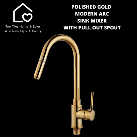 Polished Gold Modern Arc Sink Mixer with Pull Out Spout