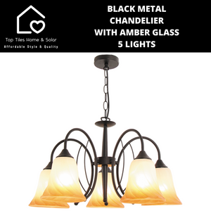 Black Metal Chandelier With Amber Glass - 5 Lights