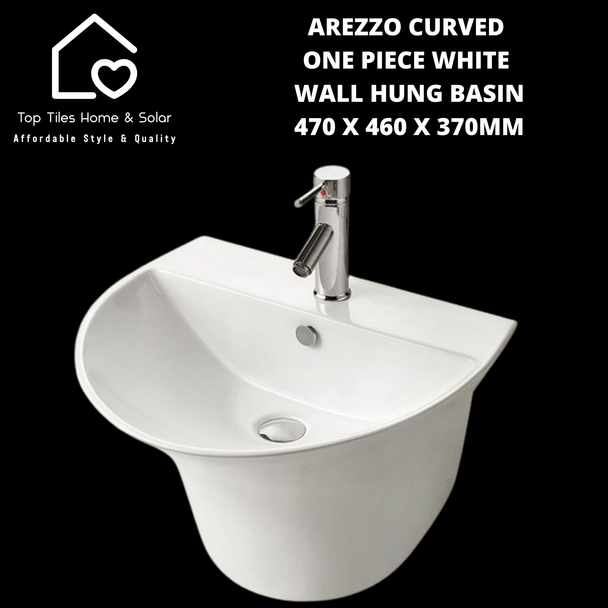 Arezzo Curved One Piece White Wall Hung Basin 470 x 460 x 370mm