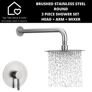 Brushed Stainless Steel Round 3 Piece Shower Set - Head-Arm-Mixer