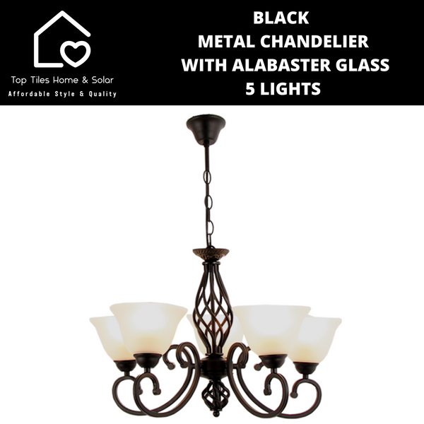 Black Metal Chandelier With Alabaster Glass - 5 Lights