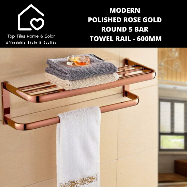 Modern Polished Rose Gold Round 5 Bar Towel Rail - 600mm