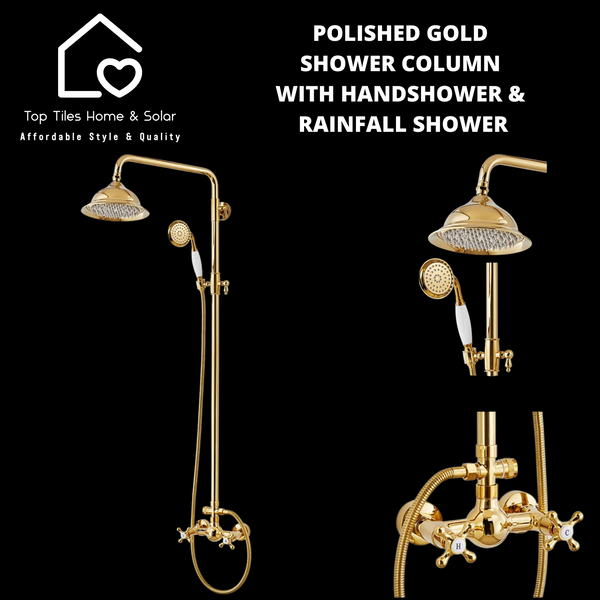 Polished Gold Shower Column With Handshower & Rainfall Shower