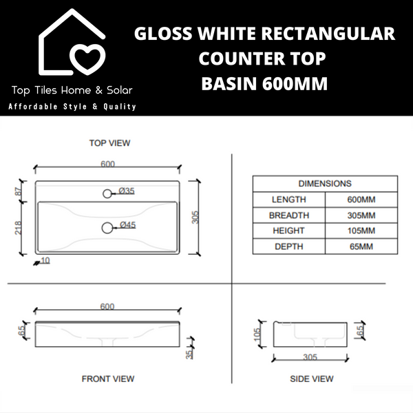 Gloss White Rectangular Counter Top Basin - 600mm