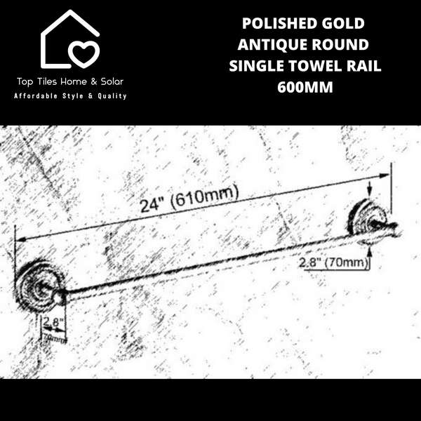 Polished Gold Antique Round Single Towel Rail - 600mm