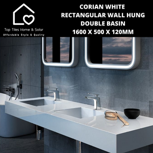 Corian White Rectangular Wall Hung Double Basin - 1600 x 500 x 120mm