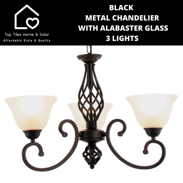 Black Metal Chandelier With Alabaster Glass - 3 Lights