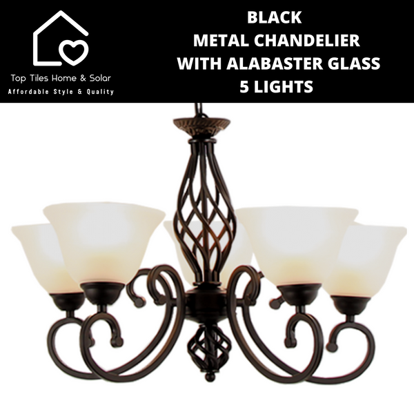 Black Metal Chandelier With Alabaster Glass - 5 Lights