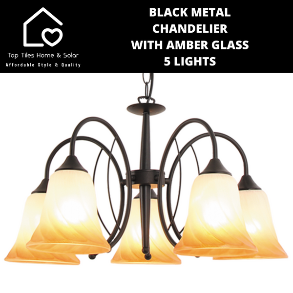 Black Metal Chandelier With Amber Glass - 5 Lights