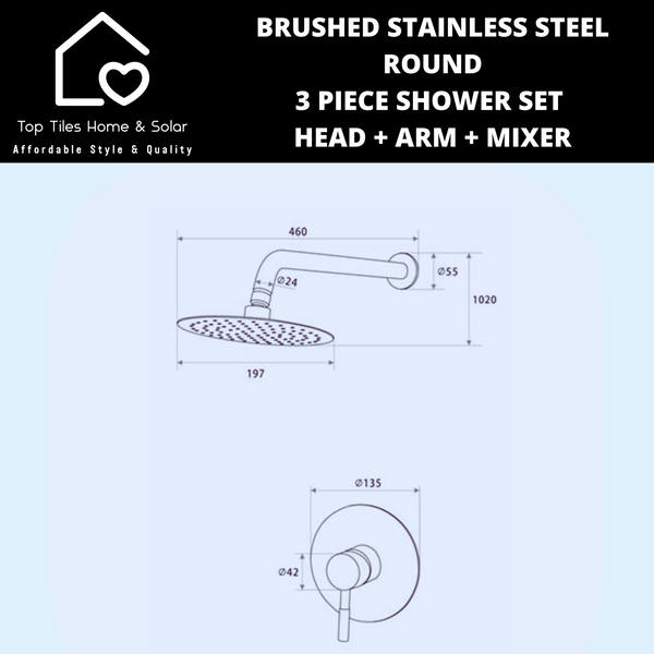 Brushed Stainless Steel Round 3 Piece Shower Set - Head-Arm-Mixer