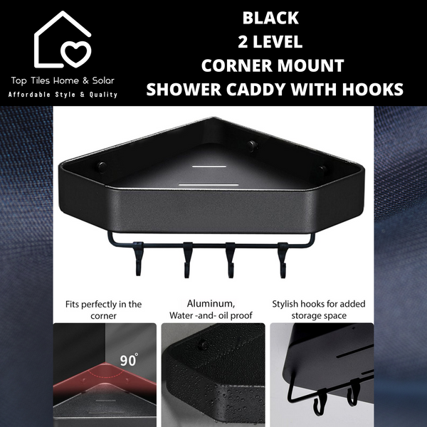 Black 2 Level Corner Mount Shower Caddy With Hooks