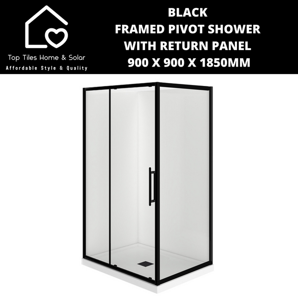 Black Framed Pivot Shower With Return Panel - 900 x 900 x 1850mm