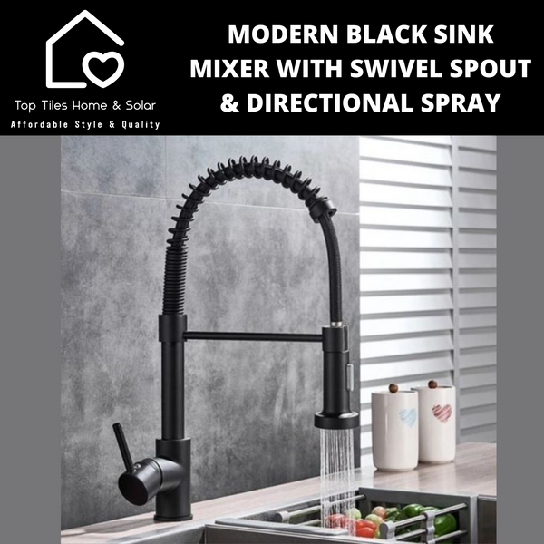 Modern Black Sink Mixer with Swivel Spout & Directional Spray