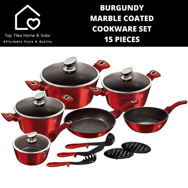 Burgundy Marble Coated Cookware Set - 15 Pieces