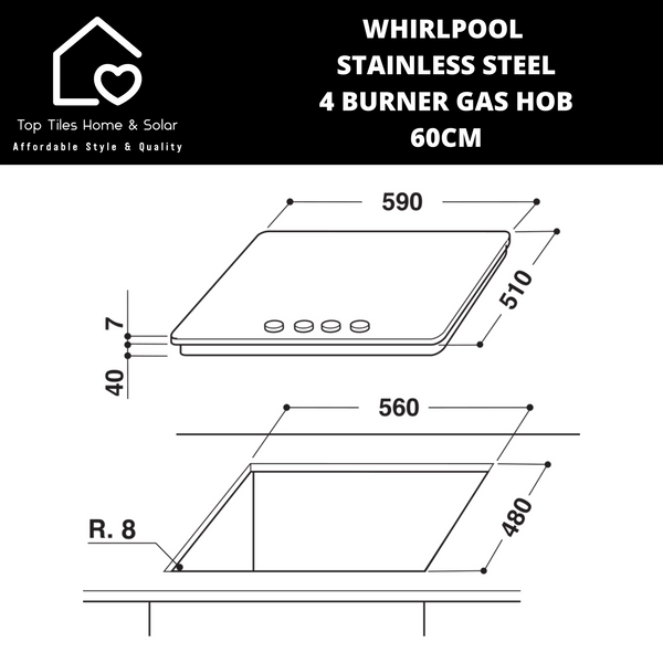 Whirlpool Stainless Steel 4 Burner Gas Hob - 60cm