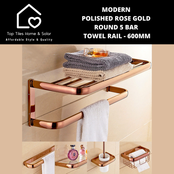 Modern Polished Rose Gold Round 5 Bar Towel Rail - 600mm