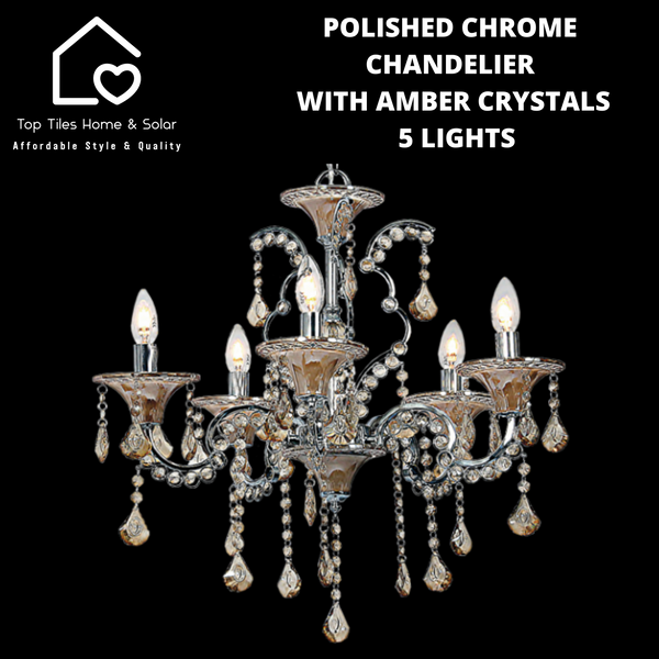 Polished Chrome Chandelier With Amber Crystals - 5 Lights