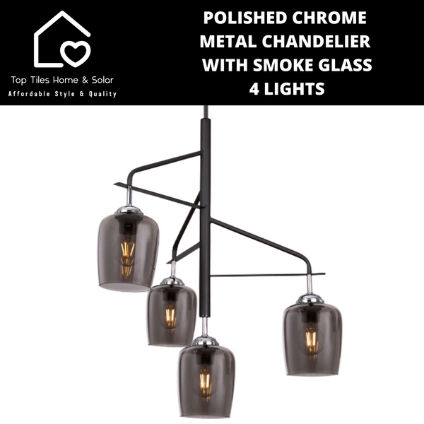 Polished Chrome Metal Chandelier with Smoke Glass - 4 Lights