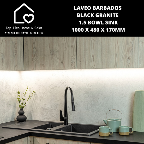 Laveo Barbados Black Granite 1.5 Bowl Sink - 1000 x 480 x 170mm