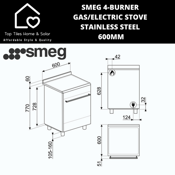 Smeg 4-Burner Gas/Electric Stove Stainless Steel - 600mm