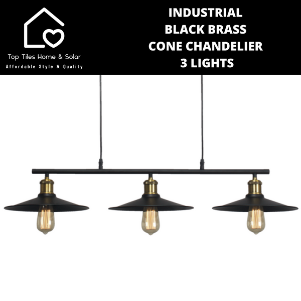 Industrial Black Brass Cone Chandelier - 3 Lights