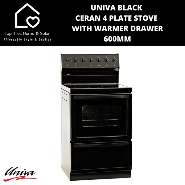 Univa Black Ceran 4 Plate Stove With Warmer Drawer - 600mm