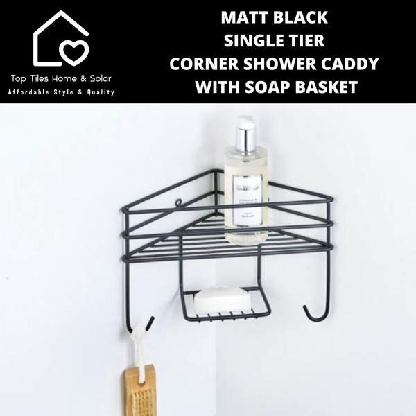 Matt Black Single Tier Corner Shower Caddy With Soap Basket