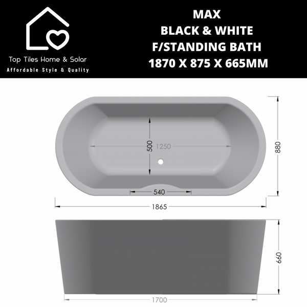 Max Black & White F/Standing Bath 1870 x 875 x 665mm