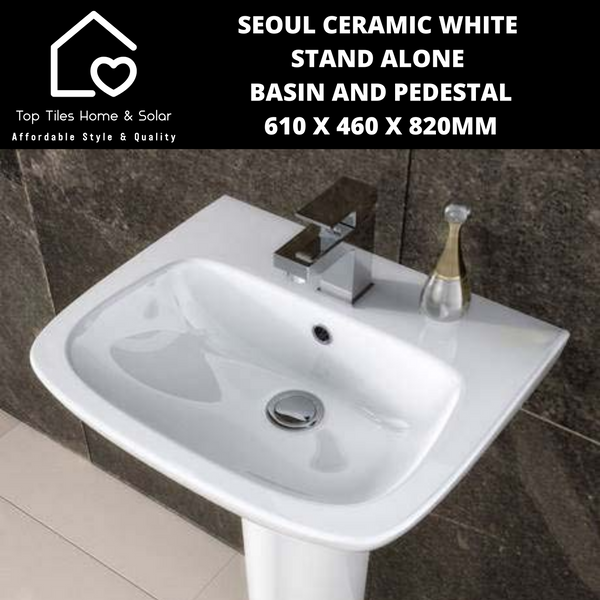 Seoul Ceramic White Stand Alone Basin And Pedestal - 610 x 460 x 820mm