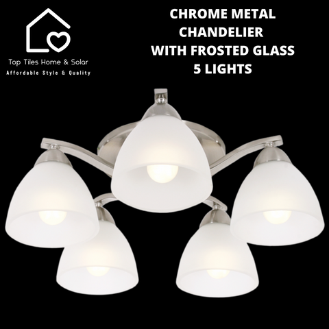 Chrome Metal Chandelier With Frosted Glass - 5 Lights