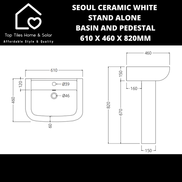 Seoul Ceramic White Stand Alone Basin And Pedestal - 610 x 460 x 820mm